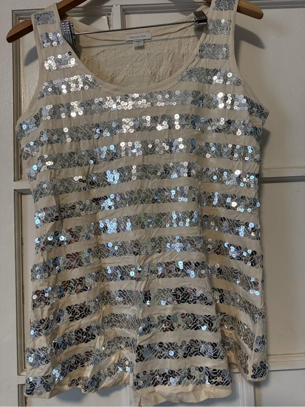 Garnet Hill Cream Tank with Silver Sequin Stripes